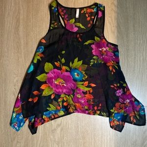 Xhilaration Floral Sheer Tank + asymmetrical cut